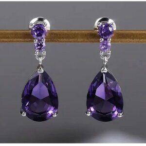 Stunning - 5 Carat Lab Created Amethyst Teardrop & Sterling Silver Earrings